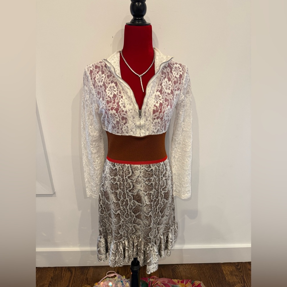 Chloe White and Brown Lace Midi Dress